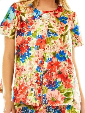 Sara Campbell Coral, Blue and Green Floral Top